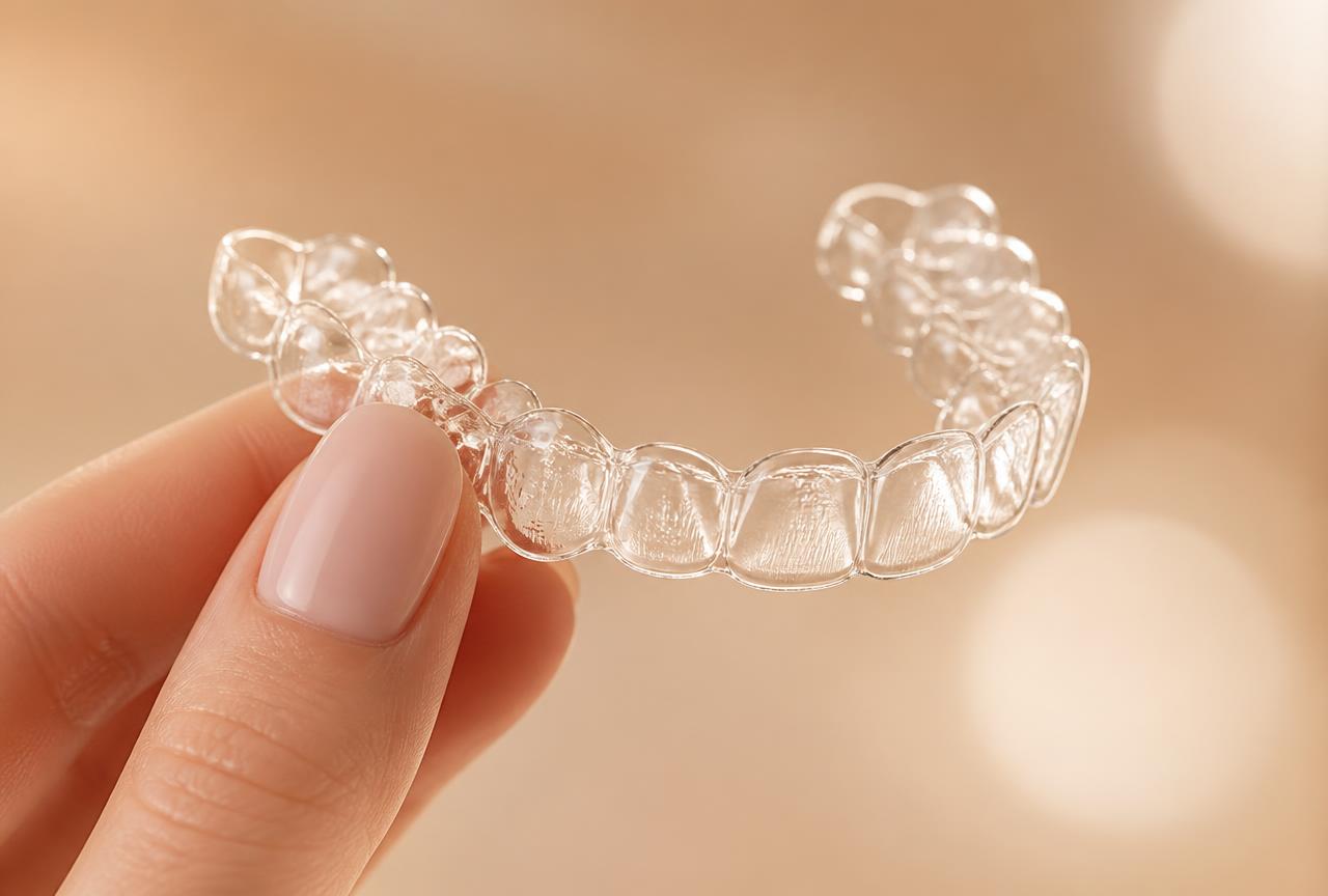 Alineador transparente de ortodoncia sostenido en la mano